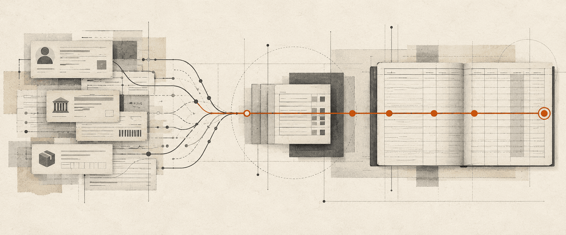 Editorial illustration of scattered source records converging into a continuous auditable line and ledger.