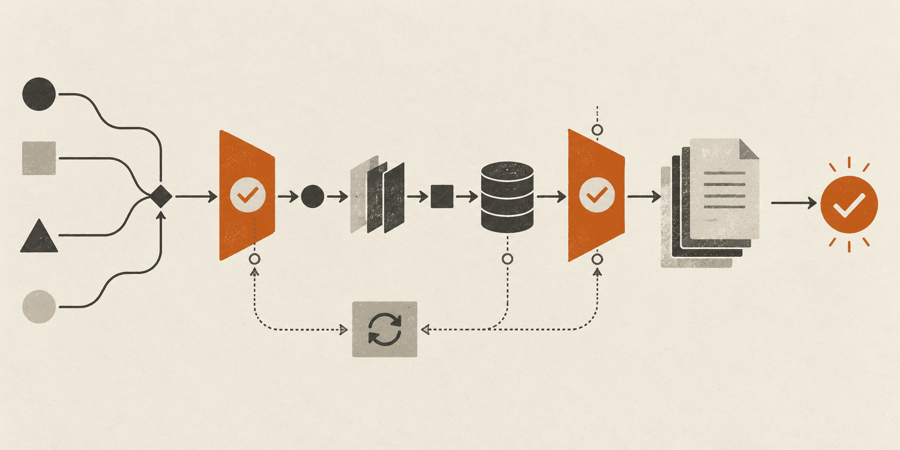 Editorial workflow illustration with approval gates, durable storage, recovery loop, and verified final action.